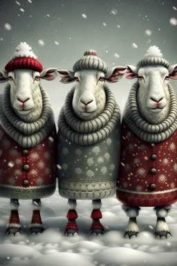 Three Hyper realistic vintage sheep warning Christmas sweaters singing Christmas carols in the snow