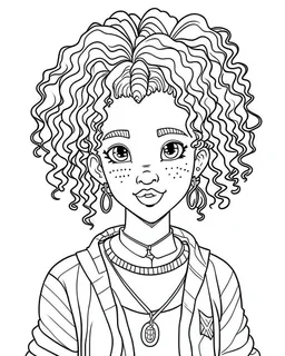 outline art for African american girlcoloring page, Japanese manga style, cartoon style, cute face, white background sketch style, full body is a must, only use outline, clean line art, no shadow, bold outline