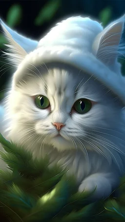 White baby cat wearing a hat Hiding In Fluffy Thick Pine Branches, Full-Back Hood Fur, Mother Of Pearl, Caricature, Realism, Beautiful, Delicate Shades, Sweetness, Lights, Intricate, CGI, Art Botanical, Animal Art, Art Decor, Realism, 4k, Detailed Drawing, Depth Of Field, Digital Painting, Computer Graphics, Raw Foto, HDR
