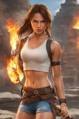 Realistic close-up photo of young Lara Croft with long hair and wearing only shorts and is holding a flaming whip, with a temple in the background