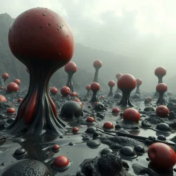 Photography of a random landscape with odd Yves Tanguy surreal forms, glossy, organic, creepy, strong texture, fiotti di liquido nero, horror, panic, obsessive, hypnotic, oaranoic, ZBrush, volumetric light, ornate