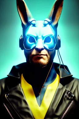 Medium Close Up Portrait, Front image. cyberpunk, rabbit mask, strong man, white short hair. leather, titanium suit. Yellow, black, red, color. Ghost in the shell style. Color background, photo studio. Avatar image, highly detailed, concept art, smooth, unreal engine 5, god rays, ray tracing, RTX, lumen lighting, ultra detail, volumetric lighting, 3d, finely drawn, high definition, high resolution.