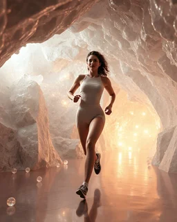 make a video pretty crystal cave covered with jewells and CIFI jewell lights and 3d recursive cubic and sphere base pearls and a beautiful fashion model lady with cute,curvy hair,makeup, in pretty decholte sports suit is running inside cave ,dynamic camera fallow her inside cave capturing full body, dynamic lights.
