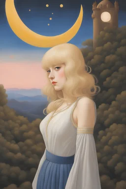 Junaida, Rene Magritte, Klimt, Surreal, mysterious, strange, fantastical, fantasy, Sci-fi, Japanese anime, optical magic, distorted perspective, crescent moon at twilight, blonde miniskirt beautiful girl Alice, perfect voluminous body, detailed masterpiece