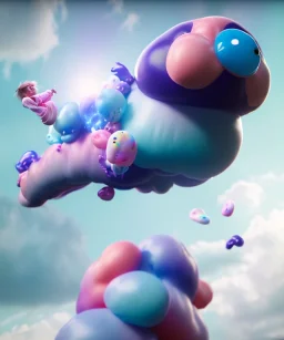 Ultra realistic speed clouds sky scene, wide angle view, sweet childs falling down, inflatable color clothing, free jumping flying, many trinkets, monster head, hair monster, many jelly beans, balls, smile, happy, circus style, extreme, wind, clouds sea, 20,000 feet altitude, stratosphere, soft color, highly detailed, unreal engine 5, ray tracing, RTX, lumen lighting, ultra detail, volumetric lighting, 3d, finely drawn, high definition, high resolution.