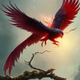 a detailed illustration of a black and red phoenix sitting on a branch of a tree, phoenix wallpaper, luminescent body, glinting wings, full body, symmetrical body, realistic, glowing wings, sharp focus, meticulously detailed, soft evening sky, 64k