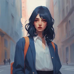 urban school girl in shirt fanart, dark blue long hair, muted colors, matte print, pastel colors, ornate, digital art, digital painting, fan art, elegant, artstation, by Ilya Kuvshinov