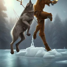 fantasy art of guru and wolf walking on tight rope over icy water