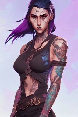 Athlethic Young woman, futuristic fantasy assassin character, portrait from waist up, intricate eyeliner, vibrant eyeshadow, clear completion, soft lighting, 4k resolution, intricate details, insanely detailed, white tank top, vibrant Japanese style tattoo sleeve, colorful cityscape background, masterpiece, expert, cinematic smooth, retroanime style, realistic details