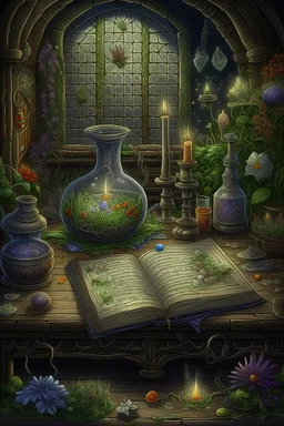 An illustration to an ancient reference book of the dwelling of fairy-tale characters, graphics, text with symbols, an alchemist's laboratory. realistic, scientific, detailed, patterns, cobwebs, decoupage of garden flowers,fabulous,hyperrealism,microdetalization,surreal,drawing,clear outline,color illustration,aesthetics,mystical landscape,dark botanical,dark fantasy,multicolor,detailed,threads,fibers,ambient clarity,volumetric,hyperdetalization,