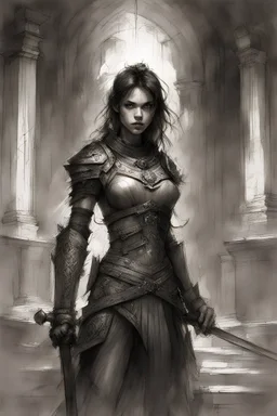 A stern girl warrior, in an ancient dungeon, broken columns, smoky lamps, semi-darkness, horror and fear, black pencil, sketch, Raymond Swanland