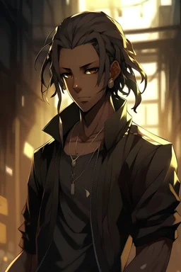 Anime black male, age 20, short thick dreadlocks reaching neck length, dark brown natural hair color, black zip up jacket, golden eyes, lean slim muscular body, nier automata anime artstyle