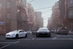 A Tesla 'Model Y' is parked, on the streets of San Francisco. (CINEMATIC, WIDE ANGLE LENS, PHOTO REAL)