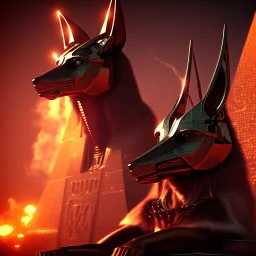 A portrait post-apocalypse of Jackal Egyptian God Anubis ,in a sin city pyramid, sci-fi fantasy style, volumetric lighting, particales,highly detailed,cinamatic,8k,3D,fire and black deep colours,ignore NSFW.