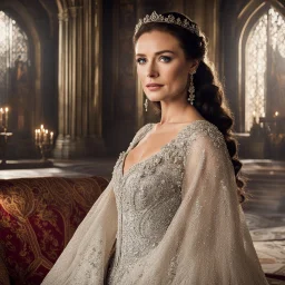 [game of thrones, 40 years old] In the grand throne room of Castle Evermoor, Lady Genevieve embodies grace and elegance, her poise matching that of her husband. Her flowing gown of rich fabric accentuates her beauty, and her eyes sparkle with a mix of intelligence and a gentle warmth that belies her strength. Though she may not hold a position of formal power, her insights and counsel are highly valued by Baron Cedric.