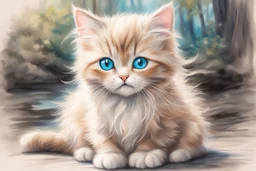 vibrant sketch, cute chibi blue eyed blonde-brown haired cat in Plitvice S<AI in sunshine, shading pastel and charcoal