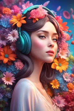 3D illustration of A beautiful woman with headphones on and a deep colorful background with full of colorful flowers, illustration, smooth 3d digital art, exquisite thee-dimensional rendering, 4K, blender, c4d, octane render , disney style 3d light, Zbrush sculpt, concept art, Zbrush high detail, Pinterest Creature Zbrush HD sculpt, neutral lighting, 8k detail