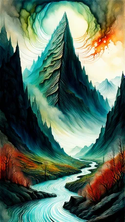 Zdzislaw Beksinski, and Peter Gric style ink wash and watercolour, full body illustration of a mountain highly detailed facial features, mixed to anatomical river view, visible plant like mountains structure, wildly flowing splash colours , 8k octane, all in focus, clean , no grain, ethereal, otherworldly concept art in vibrant natural colors