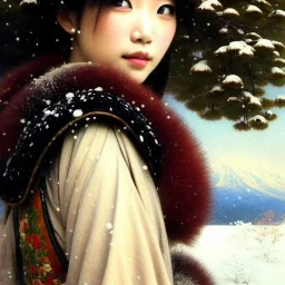 portrait beautiful face japanese Gheisha,window,busty,japanese garden,snow,cherry trees,mountains,ancient leather armor, balanciaga fashion clothe painting by gaston bussiere, greg rutkowski, yoji shinkawa, yoshitaka amano, tsutomu nihei, donato giancola, tim hildebrandt, oil on canvas, cinematic composition, extreme detail,fit full head inside picture,16k