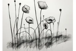 Minimalist ink pencil and charcoal drawing of poppies