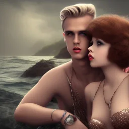 Aaron Carter with sexy Clara Bow, stormy seas, two people, Aaron Carter, romance, romantic, water, swimming, DAZ3D, by Michael Turner, soft lips, cinematic lighting, studio lighting, shine, 4K, fantastic view, girls at beach with her.