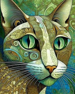 Detailed Surreal Portrait of Oriental blue and white tabby cat, with a triangular slender white face, large ears and green eyes by Gustav Klimt muted colors.