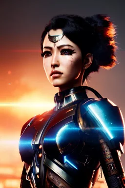 Cyborg anime warrior, waist up portrait, 8k resolution, intricate details, ornate details, soft lighting, vibrant colors, retroanime, masterpiece, intricate eyeliner, dark eyeshadow, eyes, wild blue hair, intricate tattoos, jungle background,