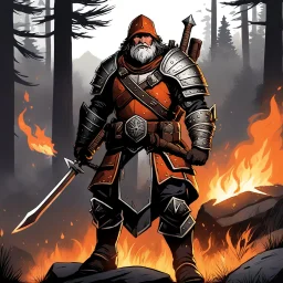 The old ranger warrior, clad in padded armor that bore the scars of countless battles, sets his campfire at the edge of the forest. Positioned on a hill, a large rock shields him from the rain, while the flames of the fire illuminate his weathered features in a warm orange glow. His eyes, hardened by a life of combat and survival, scan the surrounding darkness with a steely gaze. The night air is thick with the scent of damp earth and pine, the sounds of nocturnal creatures adding to the eerie