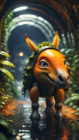 close up, magazine cover, smiling with front teeth, metallic yellow orange donkey turtle with friendly cute face and hair locks in dark lit reflective wet jungle metallic hall dome hotel tunnel, in the style of a game,bokeh like f/0.8, tilt-shift lens 8k, high detail, smooth render, down-light, unreal engine, prize winning