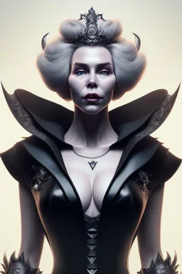 Hannah Waddingham as evil queen in black leather gown, busty, cleavage, voluptous, rebecca Welton, angry, stern look. character design by cory loftis, fenghua zhong, ryohei hase, ismail inceoglu and ruan jia. unreal engine 5, artistic lighting, highly detailed, photorealistic, fantasy