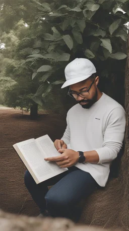 A man wears a white Dad Hat and wears glasses and is busy reading with a tree behind him, high resolution, and the image focuses on the Dad Hat