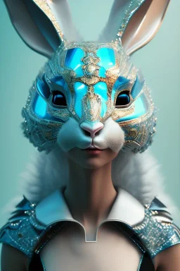 Portrait Sweet Rabbit ceramic mask, feather, cyan suit, photo studio, black background, unreal engine 5, concept art, ray tracing, lumen lighting, ultra detail, volumetric lighting, 3d.