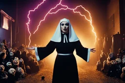 In the eerie glow of the VHS recording, a chilling scene unfolded with scary giant mascot puppets and undead slime teddy bear mascots. A sexy 23-year-old nun, dressed in a black nun costume with 70s blonde hair, stood amidst bolts of electric arcs and glitter in the air with lightning crackling around her. The surreal mix of horror and beauty captured on film created a haunting tapestry of fear and fascination, blurring the line between reality and nightmare. The unsettling tableau left a linger