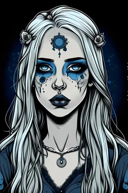 Create a captivating 2D vector illustration of a gothic punk boho hippie vampire girl with long blonde hair and, blue eyes, she looks like eva green and emily perkins combined with a skull headband. Emphasize her missing cheek, giving her a unique and edgy appearance. The illustration should have a cute, fantasy, and dreamy vibe, with a sticker-like quality. Use a 2D flat style, centered composition, and vector graphics for a sleek, modern, and minimalist look. Draw inspiration from the artistic