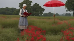 An elderly peasant woman, seen in full body, wearing clothing appropriate to her work, is reading a letter outdoors. She is standing and holding a red umbrella, and is in a field of grass and flowers with many trees in the background.