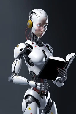 generate a front cover representation of Ai photo realistic attractive full body humanoid bot editing a book and show her holding the book