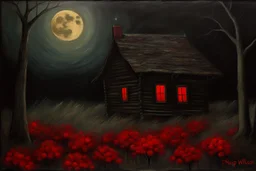 Creepy trees, creepy night, moon, cabin, red flowers, philip wilson steer impresionism painting