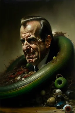 PresidentRichard M. Nixon painted as worm crawling through garbage eating insects blood and guts