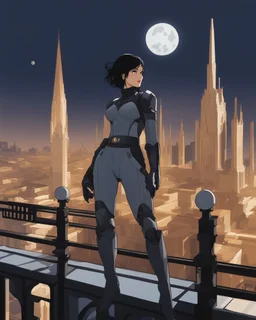 A slim Woman With Black Hair, Wearing an android-looking suit, standing sideways On a ledge of a building, with a waning moon Behind Her Head, towering spires and buildings highlighted by the setting sun