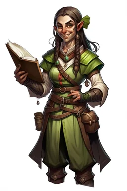 Dungeons and dragons half orc girl. She is kind and happy. She carries a book and wears tavern keeper clothing. Realistic style