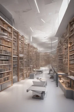 A modern library. Robotic book delivery, everything is automated. Cutting-edge library interior design. Everything is drawn in detail, in high resolution. 8k