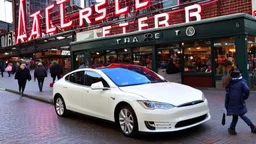 A Tesla's 'Model S Plaid' is parked, at the 'Pike Place Market', in Seattle. CINEMATIC. WIDE ANGLE LENS. PHOTO REAL.