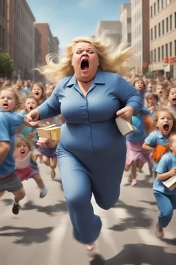 an obese terrified blonde woman crying and sobbing in a pant suit desperately running away from an angry mob of thousands of kindergarten kids chase her down a city street while holding books