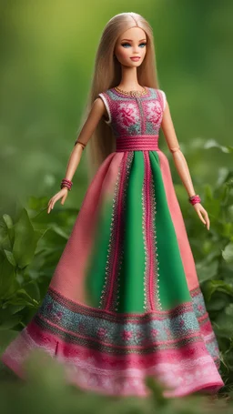 outfit ideas for Barbie doll full grow on the field whis flowers. Ukrainian embroidered dress boho style - ethnic vyshyvanka ombre pink green