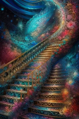 intergalactic ladder, ice and flame, stardust, glitter, shimmer, fractal of smoke, clear drawing, full detail, space, frost, transparency, ornate, infinity, epoxy resin Beautiful staircase in flowers and butterflies. She goes out into the starry sky. Planets. Moon. The sun. It is picturesque and colorful. Openwork railings. The bright colors of the ring. Fantasy. Shimmer exquisite luxury chic aesthetics photo harmony Professional photo 64 thousand pixel graphics High detail Bright lighting