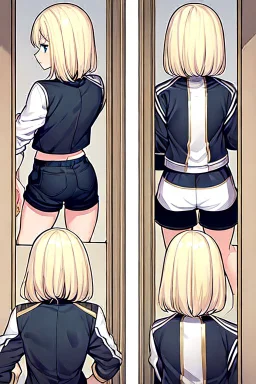 blonde girl with short jacket and shorts runs in a corridor, back view, line arts, manga style