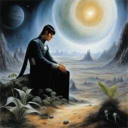 [art by Luis Royo] spock the vulcan studying a plant on a strange planet