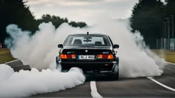 Black BMW XM drifting in the white smoke, rear view, cinematic, luxurious --chaos 80 --ar 16:9 --style raw --stylize 700