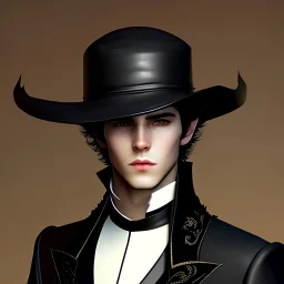 Young male fantasy rogue wearing a round hat with dark leather clothes and black hair, poor looking