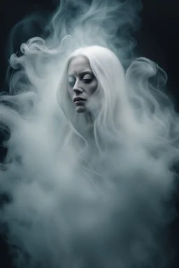 translucent female face barely visible from very dense white smoke and fog, translucent ghost-like face with lots of white hair, lots of fog in the background, surreal style